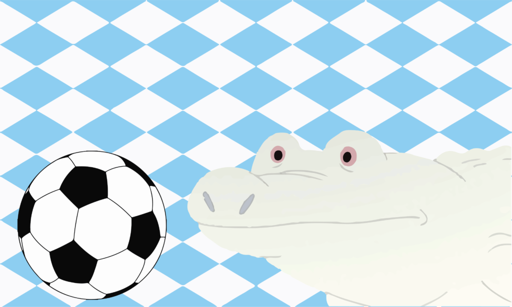 A derpy Alligator next to a soccer ball, the Albino Alligators Flag