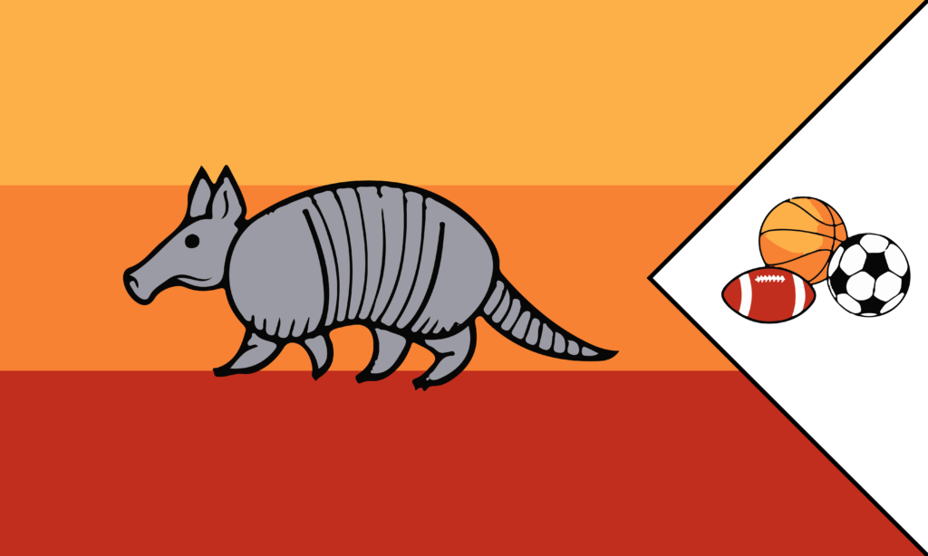 A silver armadillo with some sports balls, the patrol flag